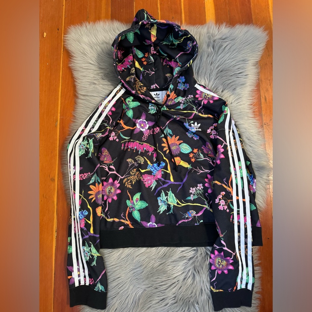 Adidas Poisonous Garden Floral Cropped Hoodie Sweatshirt Logo 3 Stripes RARE